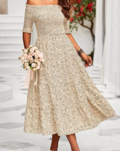 boho print off shoulder ruffle hem floral dress