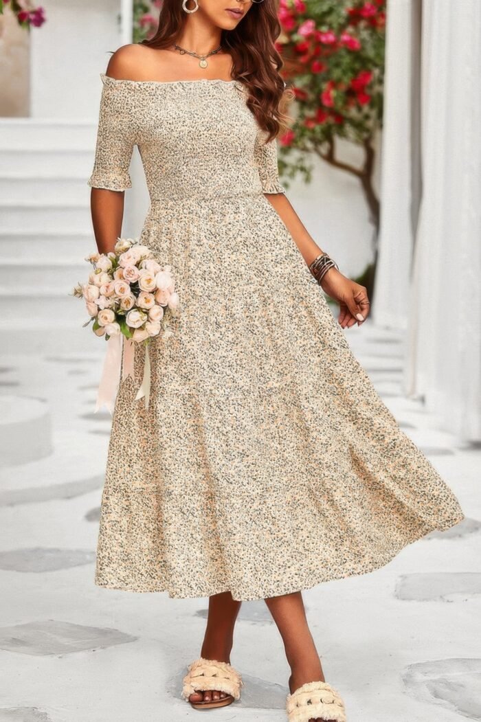 Boho print off shoulder ruffle hem floral dress