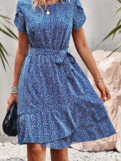 Floral Round Neck Slim Tiered A Line Ruffle Dress