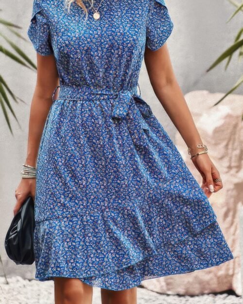 Floral Round Neck Slim Tiered A Line Ruffle Dress