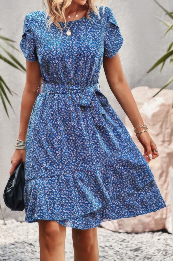 Floral round neck slim tiered a line ruffle dress