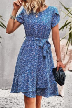 Floral Round Neck Slim Tiered A Line Ruffle Dress