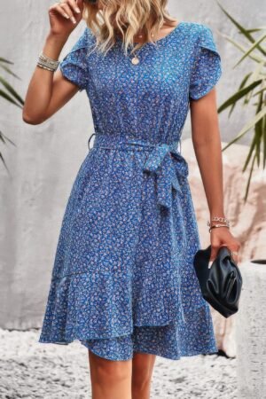 Floral Round Neck Slim Tiered A Line Ruffle Dress