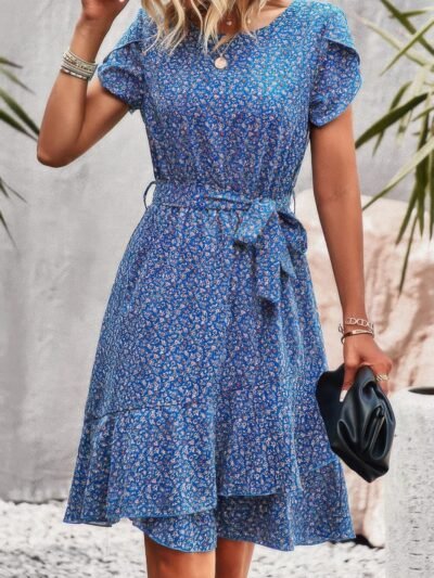 Floral Round Neck Slim Tiered A Line Ruffle Dress