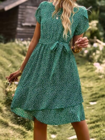 Floral Round Neck Slim Tiered A Line Ruffle Dress