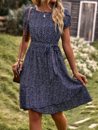Floral Round Neck Slim Tiered A Line Ruffle Dress