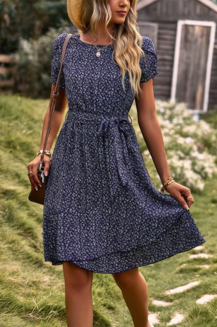 Floral round neck slim tiered a line ruffle dress