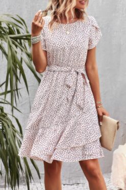 Floral Round Neck Slim Tiered A Line Ruffle Dress