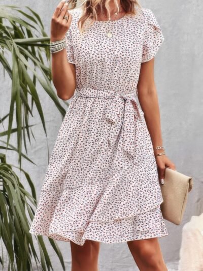 Floral Round Neck Slim Tiered A Line Ruffle Dress