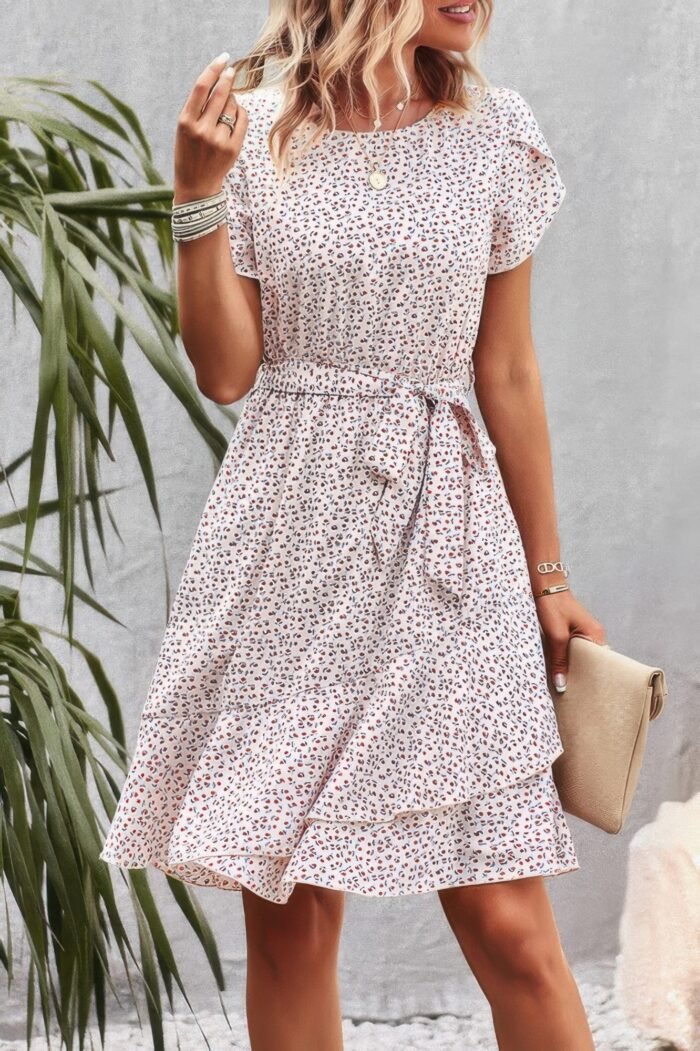 Floral round neck slim tiered a line ruffle dress