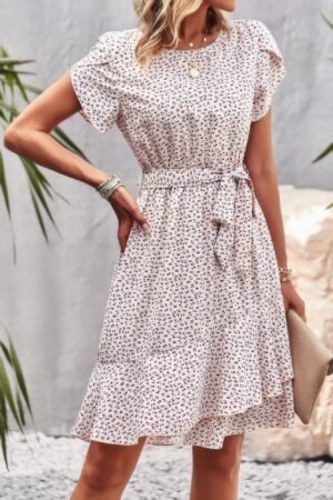 Floral Round Neck Slim Tiered A Line Ruffle Dress