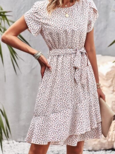 Floral Round Neck Slim Tiered A Line Ruffle Dress