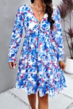 Elegant Printed V Neck Ruffled A Line Mini Dress