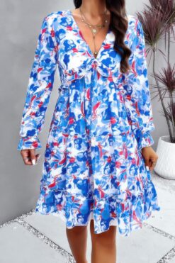 Elegant Printed V Neck Ruffled A Line Mini Dress