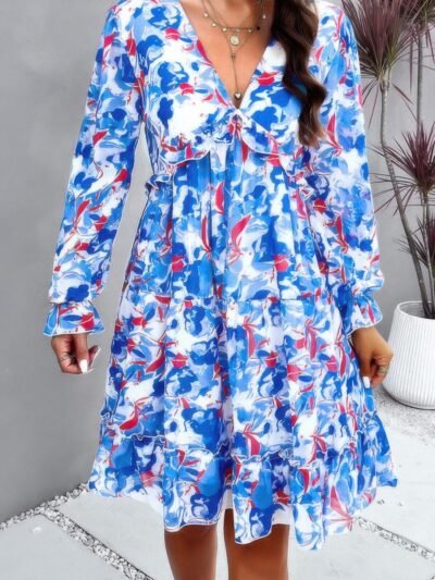 Elegant Printed V Neck Ruffled A Line Mini Dress