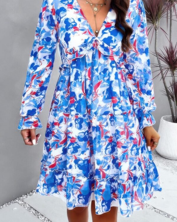 Elegant Printed V Neck Ruffled A Line Mini Dress
