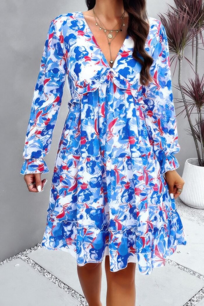 Elegant printed v neck ruffled a line mini dress - image 1