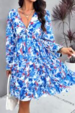 Elegant Printed V Neck Ruffled A Line Mini Dress - Image 2
