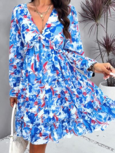 Elegant Printed V Neck Ruffled A Line Mini Dress Elegant Printed V Neck Ruffled A Line Mini Dress