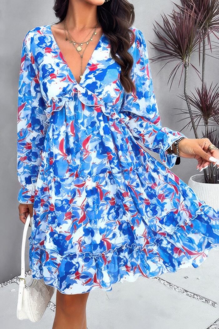 Elegant printed v neck ruffled a line mini dress - image 2
