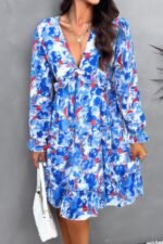 Elegant Printed V Neck Ruffled A Line Mini Dress - Image 3