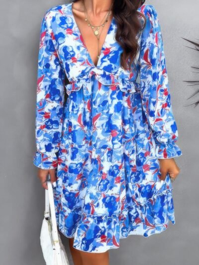 Elegant Printed V Neck Ruffled A Line Mini Dress Elegant Printed V Neck Ruffled A Line Mini Dress