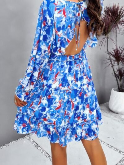 Elegant Printed V Neck Ruffled A Line Mini Dress Elegant Printed V Neck Ruffled A Line Mini Dress