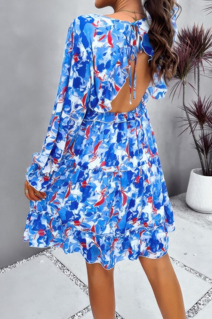 Elegant printed v neck ruffled a line mini dress - image 5