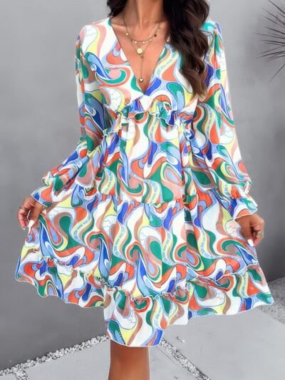 Elegant Printed V Neck Ruffled A Line Mini Dress Elegant Printed V Neck Ruffled A Line Mini Dress