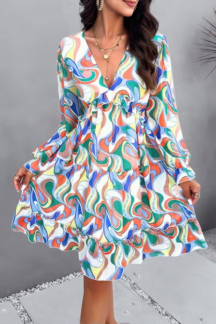 Elegant printed v neck ruffled a line mini dress - image 7