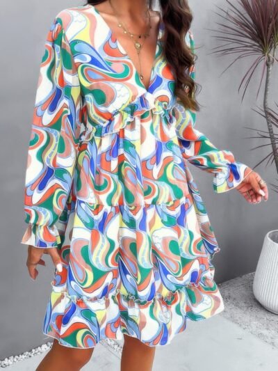 Elegant Printed V Neck Ruffled A Line Mini Dress Elegant Printed V Neck Ruffled A Line Mini Dress