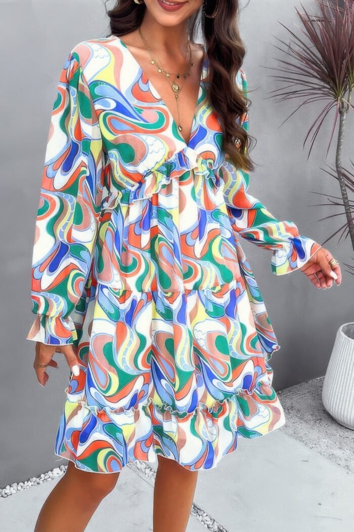 Elegant printed v neck ruffled a line mini dress - image 8