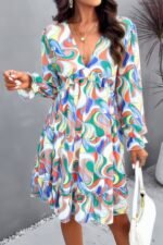 Elegant Printed V Neck Ruffled A Line Mini Dress - Image 9