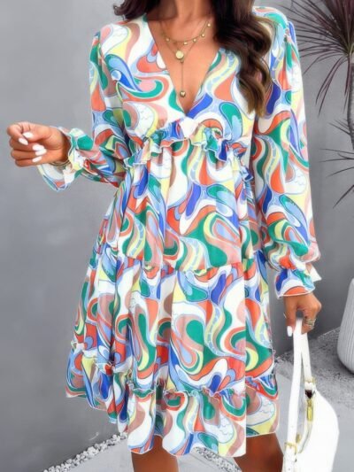 Elegant Printed V Neck Ruffled A Line Mini Dress Elegant Printed V Neck Ruffled A Line Mini Dress
