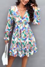 Elegant Printed V Neck Ruffled A Line Mini Dress - Image 10
