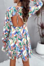 Elegant Printed V Neck Ruffled A Line Mini Dress - Image 12