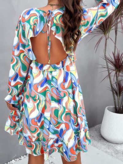 Elegant Printed V Neck Ruffled A Line Mini Dress Elegant Printed V Neck Ruffled A Line Mini Dress