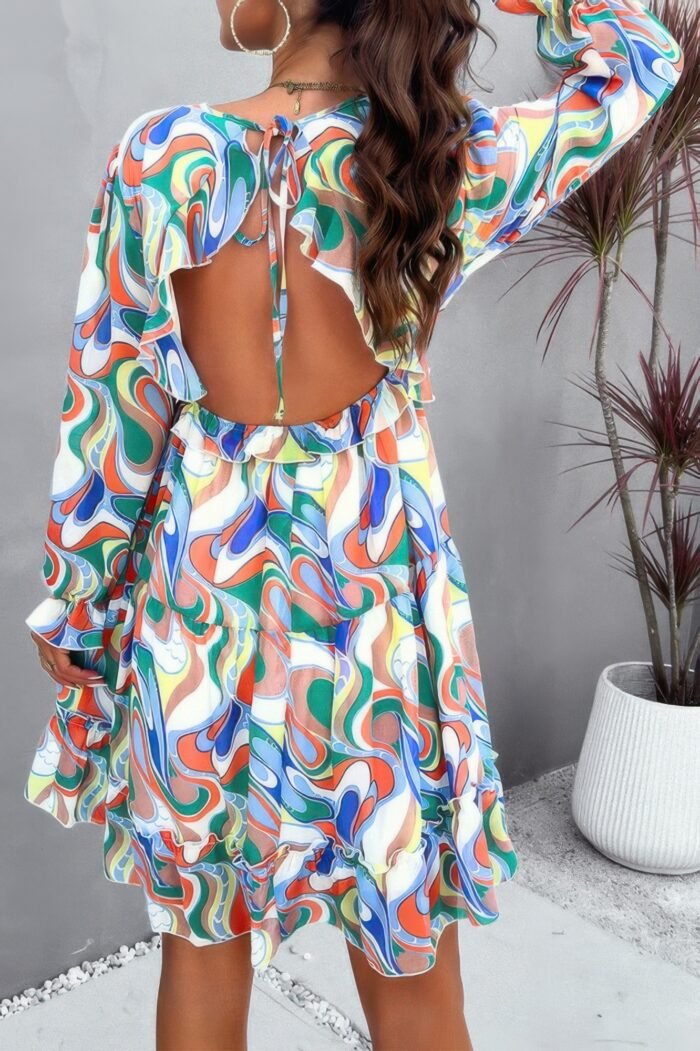 Elegant printed v neck ruffled a line mini dress - image 12