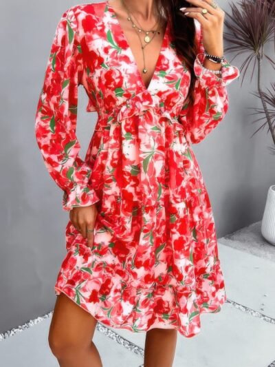 Elegant Printed V Neck Ruffled A Line Mini Dress Elegant Printed V Neck Ruffled A Line Mini Dress