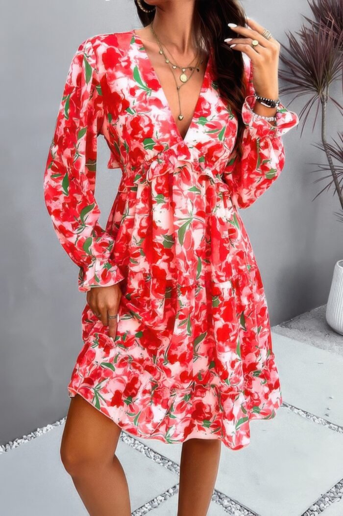 Elegant printed v neck ruffled a line mini dress - image 13
