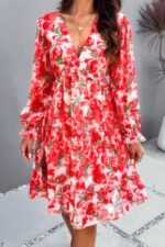 Elegant Printed V Neck Ruffled A Line Mini Dress - Image 14