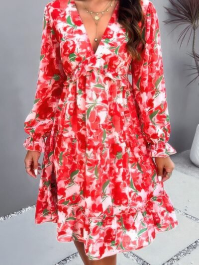 Elegant Printed V Neck Ruffled A Line Mini Dress Elegant Printed V Neck Ruffled A Line Mini Dress