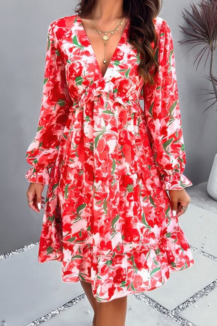 Elegant printed v neck ruffled a line mini dress - image 14