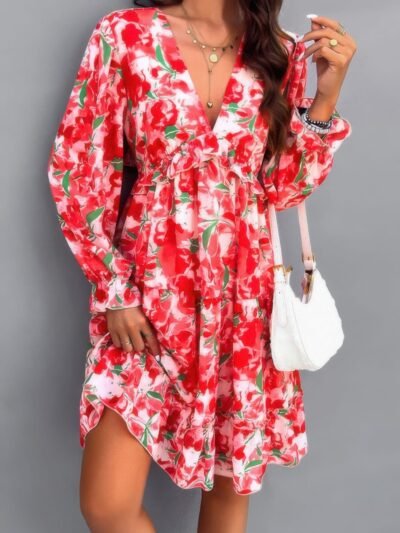 Elegant Printed V Neck Ruffled A Line Mini Dress Elegant Printed V Neck Ruffled A Line Mini Dress