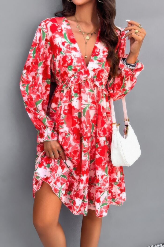 Elegant printed v neck ruffled a line mini dress - image 15