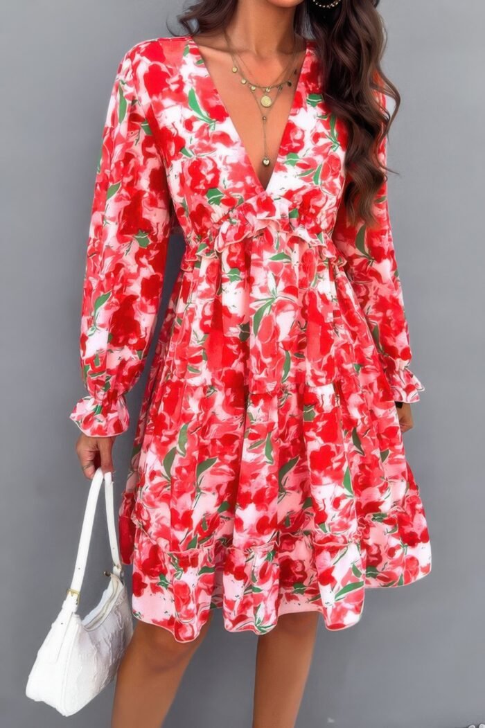 Elegant printed v neck ruffled a line mini dress - image 16