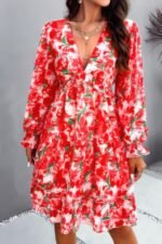 Elegant Printed V Neck Ruffled A Line Mini Dress - Image 17