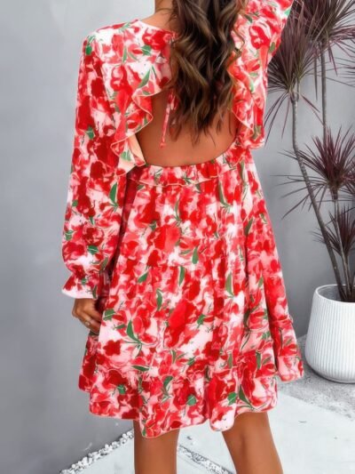 Elegant Printed V Neck Ruffled A Line Mini Dress Elegant Printed V Neck Ruffled A Line Mini Dress