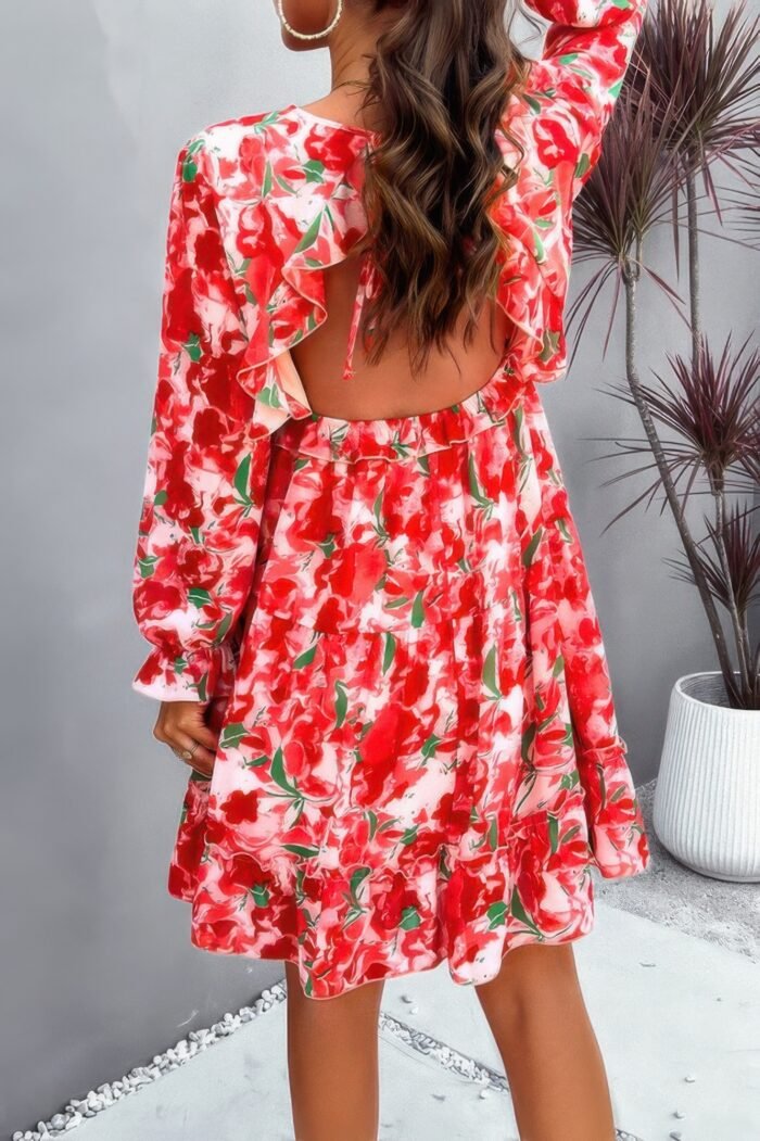 Elegant printed v neck ruffled a line mini dress - image 18