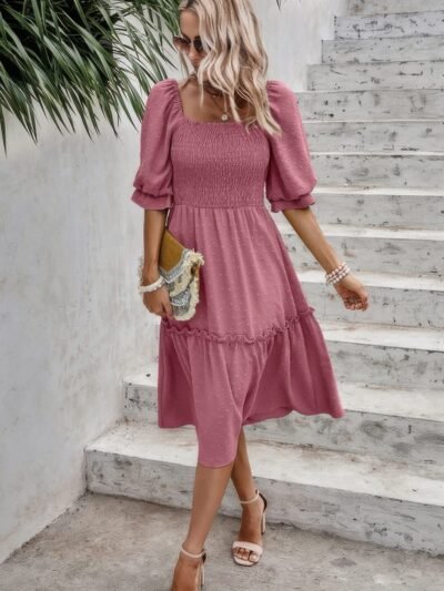 Square Neck Puff Sleeve Ruffle Hem Dress